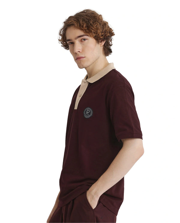 Rare Rabbit Men Eldon Dark Maroon Cotton Fabric Contrast Collared Regular Fit  Plain Polo