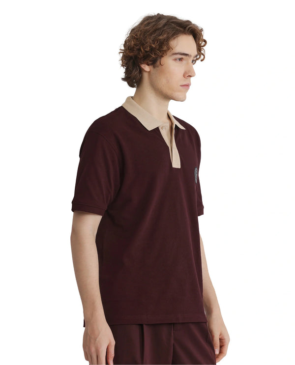 Rare Rabbit Men Eldon Dark Maroon Cotton Fabric Contrast Collared Regular Fit  Plain Polo
