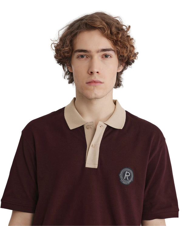Rare Rabbit Men Eldon Dark Maroon Cotton Fabric Contrast Collared Regular Fit  Plain Polo