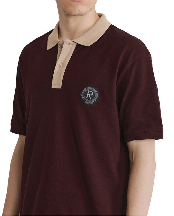 Rare Rabbit Men Eldon Dark Maroon Cotton Fabric Contrast Collared Regular Fit  Plain Polo