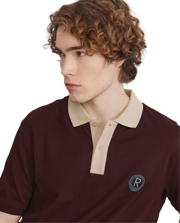 Rare Rabbit Men Eldon Dark Maroon Cotton Fabric Contrast Collared Regular Fit  Plain Polo