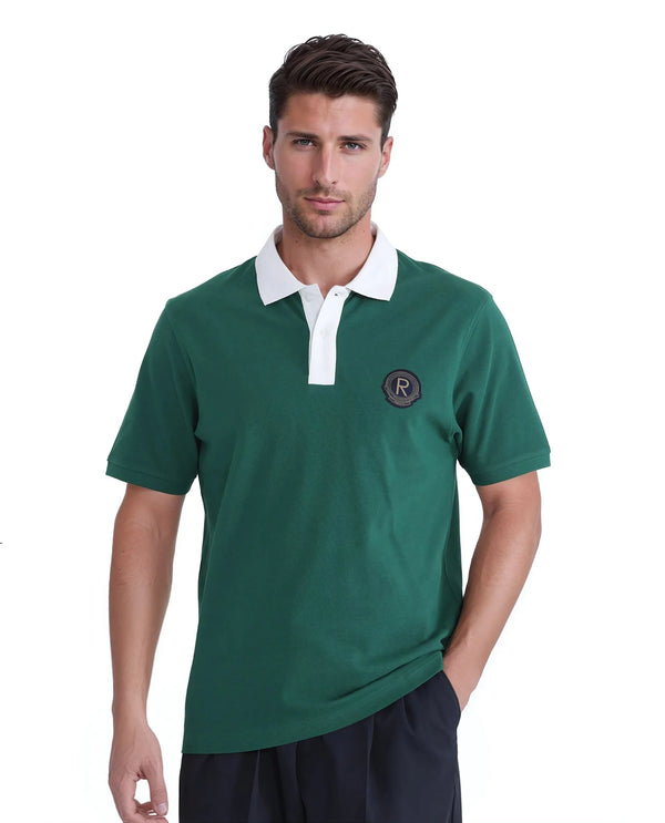 Rare Rabbit Men Eldon Green Cotton Fabric Contrast Collared Regular Fit  Plain Polo