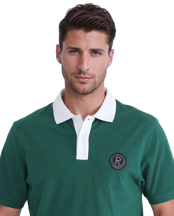 Rare Rabbit Men Eldon Green Cotton Fabric Contrast Collared Regular Fit  Plain Polo