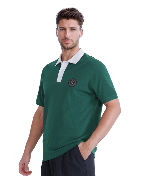 Rare Rabbit Men Eldon Green Cotton Fabric Contrast Collared Regular Fit  Plain Polo