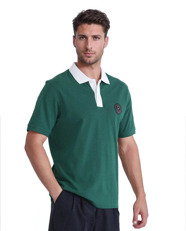 Rare Rabbit Men Eldon Green Cotton Fabric Contrast Collared Regular Fit  Plain Polo