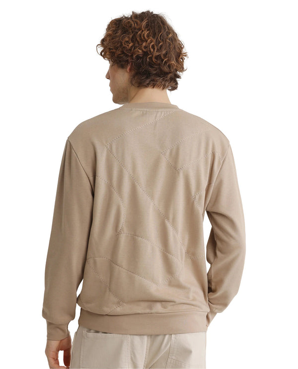 Rare Rabbit Men's Eldron Dusky Beige Cotton Blend Fabric Full Sleeve Crew Neck Embroidered Sweatshirt