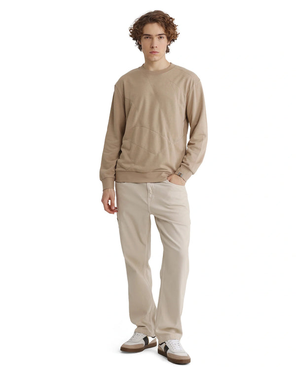 Rare Rabbit Men's Eldron Dusky Beige Cotton Blend Fabric Full Sleeve Crew Neck Embroidered Sweatshirt