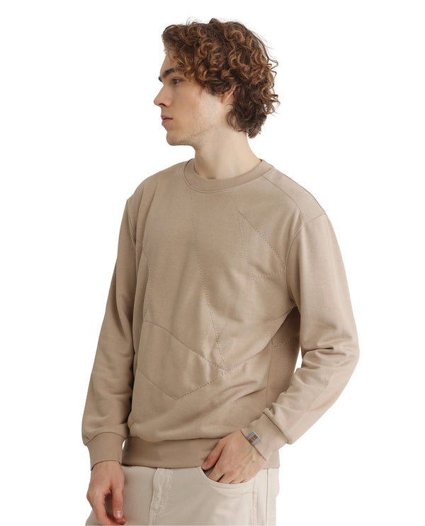 Rare Rabbit Men's Eldron Dusky Beige Cotton Blend Fabric Full Sleeve Crew Neck Embroidered Sweatshirt