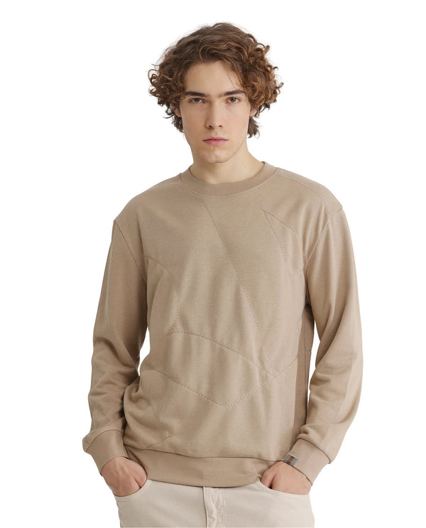 Rare Rabbit Men's Eldron Dusky Beige Cotton Blend Fabric Full Sleeve Crew Neck Embroidered Sweatshirt