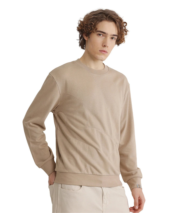 Rare Rabbit Men's Eldron Dusky Beige Cotton Blend Fabric Full Sleeve Crew Neck Embroidered Sweatshirt