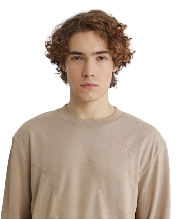 Rare Rabbit Men's Eldron Dusky Beige Cotton Blend Fabric Full Sleeve Crew Neck Embroidered Sweatshirt