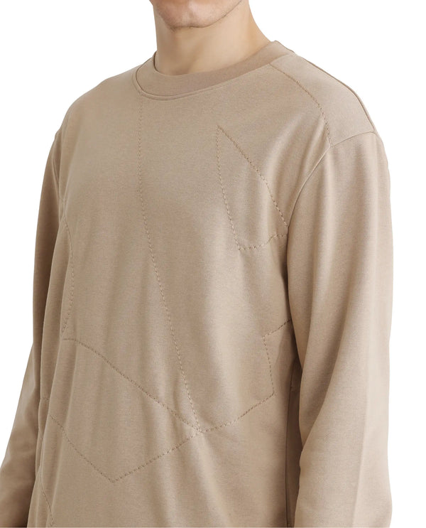 Rare Rabbit Men's Eldron Dusky Beige Cotton Blend Fabric Full Sleeve Crew Neck Embroidered Sweatshirt