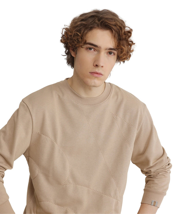 Rare Rabbit Men's Eldron Dusky Beige Cotton Blend Fabric Full Sleeve Crew Neck Embroidered Sweatshirt