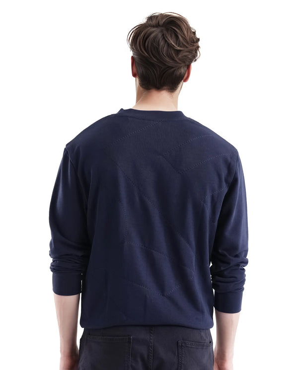 Rare Rabbit Men's Eldron Navy Cotton Blend Fabric Full Sleeve Crew Neck Embroidered Sweatshirt