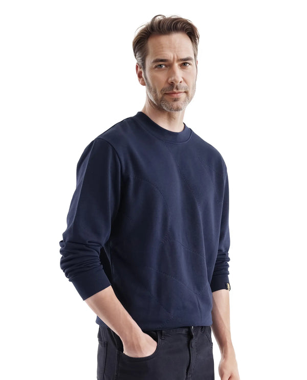 Rare Rabbit Men's Eldron Navy Cotton Blend Fabric Full Sleeve Crew Neck Embroidered Sweatshirt