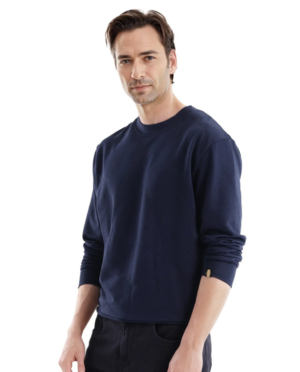 Rare Rabbit Men's Eldron Navy Cotton Blend Fabric Full Sleeve Crew Neck Embroidered Sweatshirt