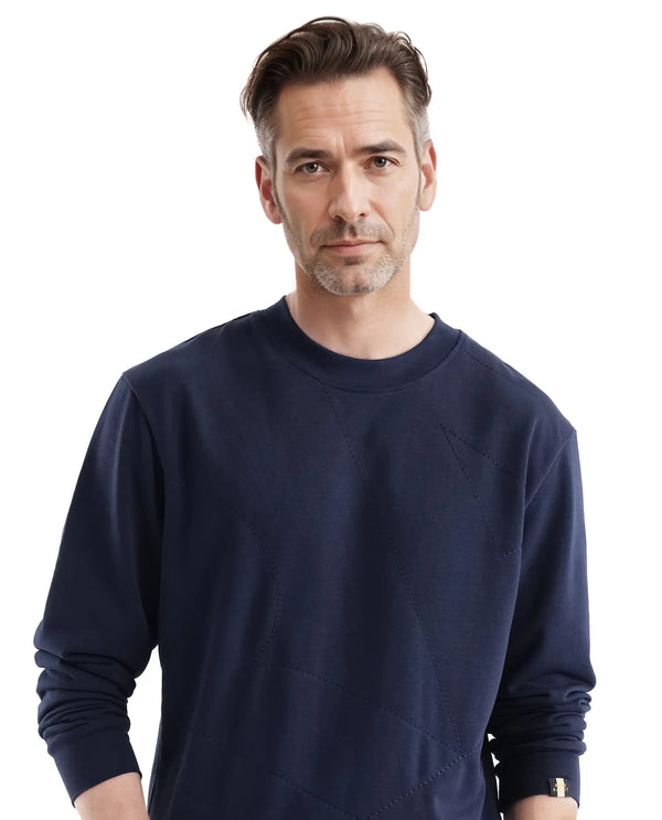 Rare Rabbit Men's Eldron Navy Cotton Blend Fabric Full Sleeve Crew Neck Embroidered Sweatshirt