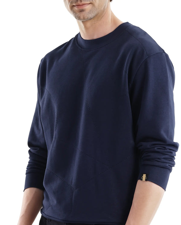 Rare Rabbit Men's Eldron Navy Cotton Blend Fabric Full Sleeve Crew Neck Embroidered Sweatshirt