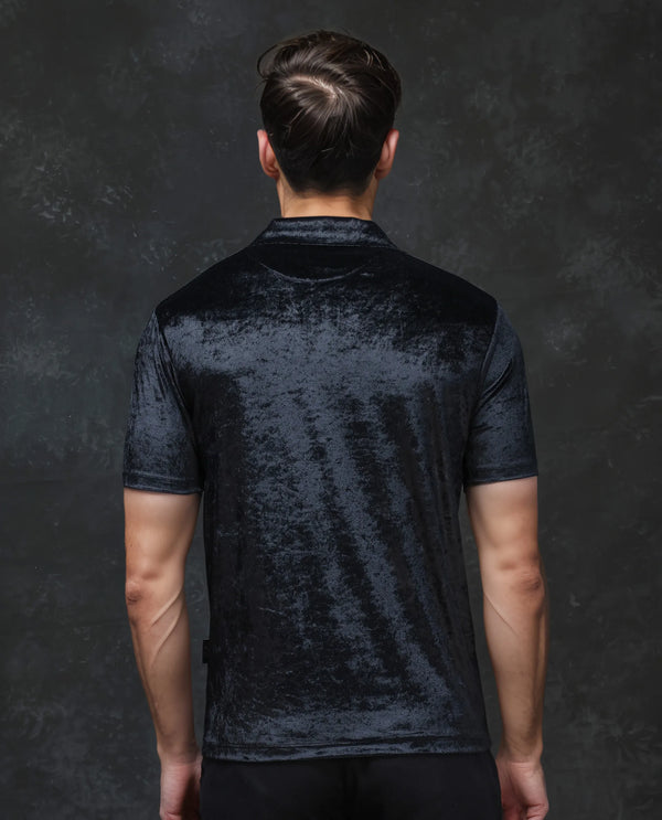 Rare Rabbit Men Elctro-1 Black Velvet Fabric Short Sleeve Johnny Collared Solid Polo T-Shirt