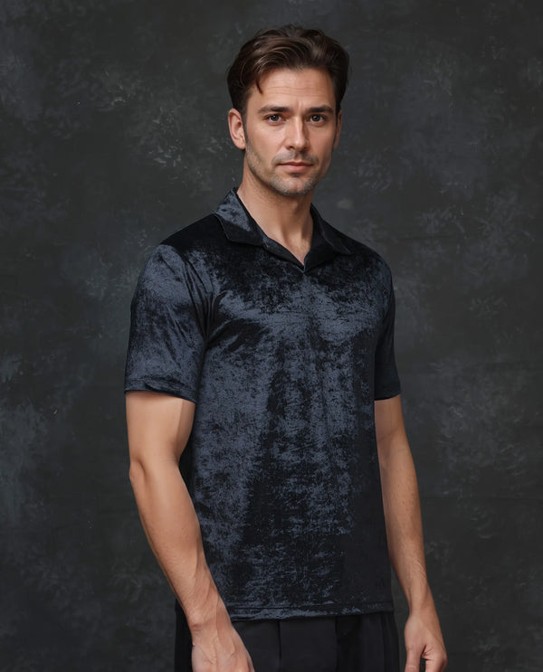 Rare Rabbit Men Elctro-1 Black Velvet Fabric Short Sleeve Johnny Collared Solid Polo T-Shirt