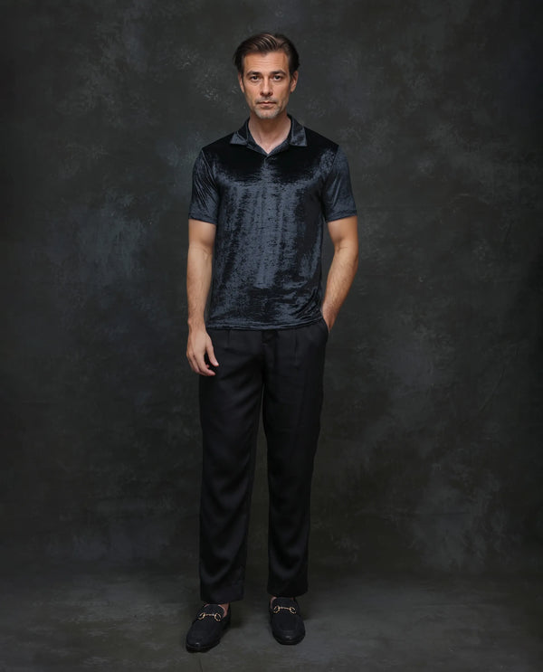 Rare Rabbit Men Elctro-1 Black Velvet Fabric Short Sleeve Johnny Collared Solid Polo T-Shirt