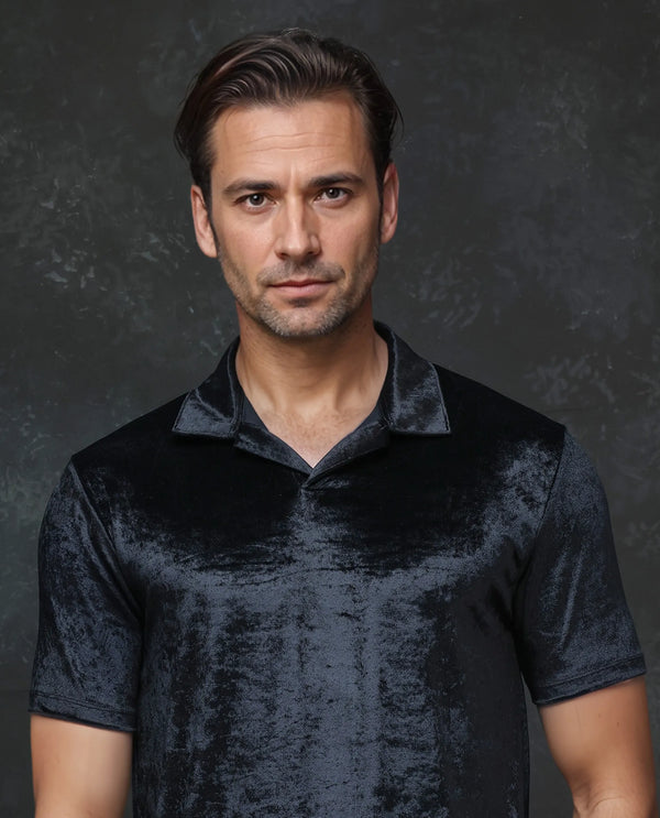 Rare Rabbit Men Elctro-1 Black Velvet Fabric Short Sleeve Johnny Collared Solid Polo T-Shirt