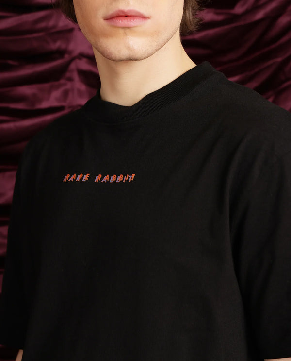 Rare Rabbit Men Elep Black Cotton Fabric Short Sleeve Crew Neck Oversized Fit Graphic Back Print T-Shirt