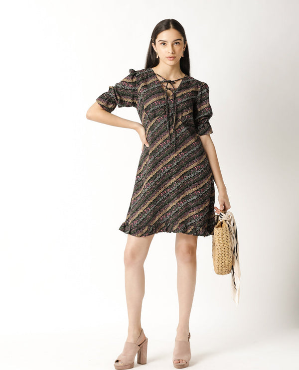 Rareism Women Elevate Black Floral Print V Neck With Double Tie Up Half Sleeves Ruffled Hem Knee Length Dress