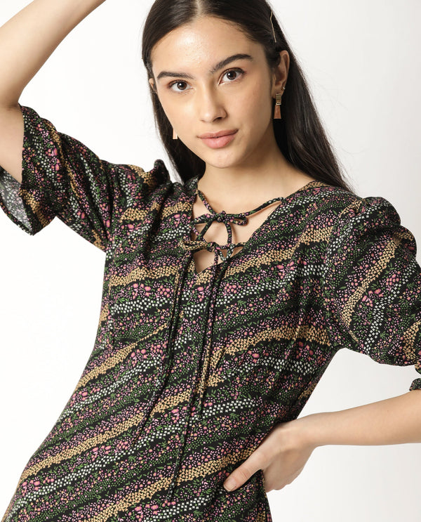 Rareism Women Elevate Black Floral Print V Neck With Double Tie Up Half Sleeves Ruffled Hem Knee Length Dress