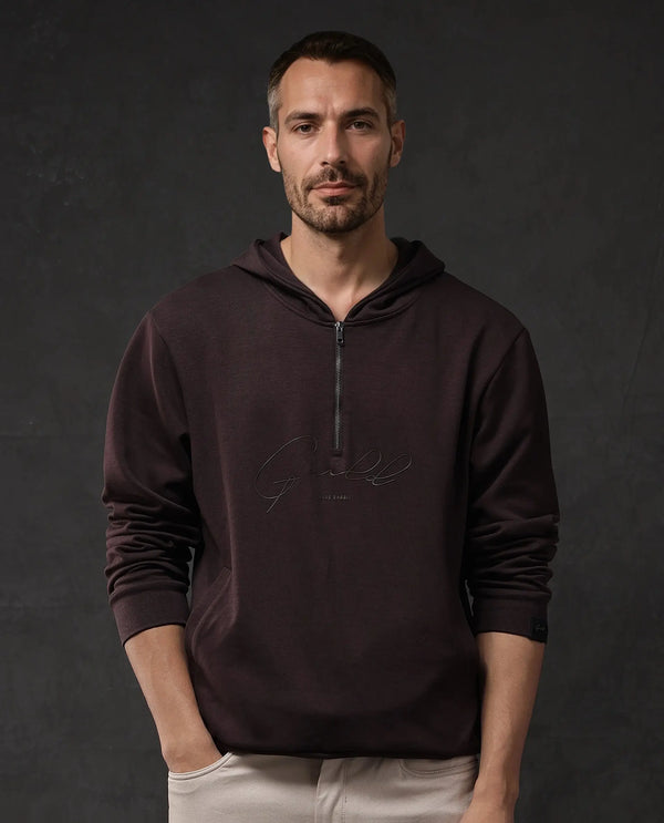 Rare Rabbit Men Eli-2 Maroon Full Sleeve Hooded Zipper Closure Signature Print Sweatshirt