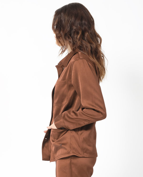 Rareism Women Elika Brown Polyester Fabric Full Sleeves Button Closure Shirt Collar Regular Fit Plain Jacket