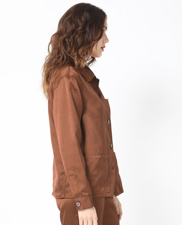 Rareism Women Elika Brown Polyester Fabric Full Sleeves Button Closure Shirt Collar Regular Fit Plain Jacket
