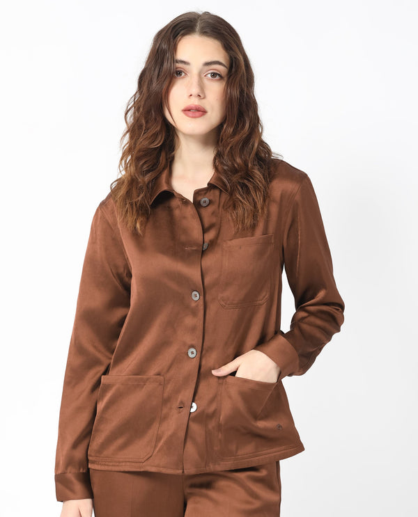 Rareism Women Elika Brown Polyester Fabric Full Sleeves Button Closure Shirt Collar Regular Fit Plain Jacket