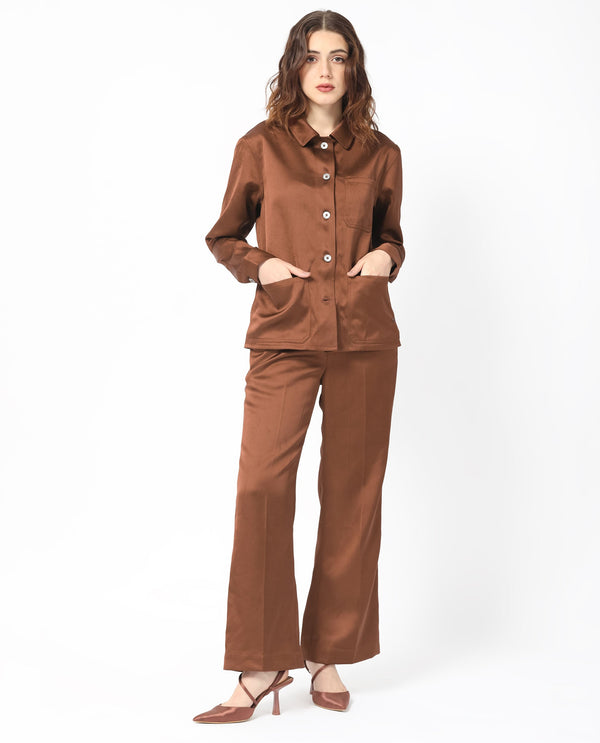 Rareism Women Elika Brown Polyester Fabric Full Sleeves Button Closure Shirt Collar Regular Fit Plain Jacket