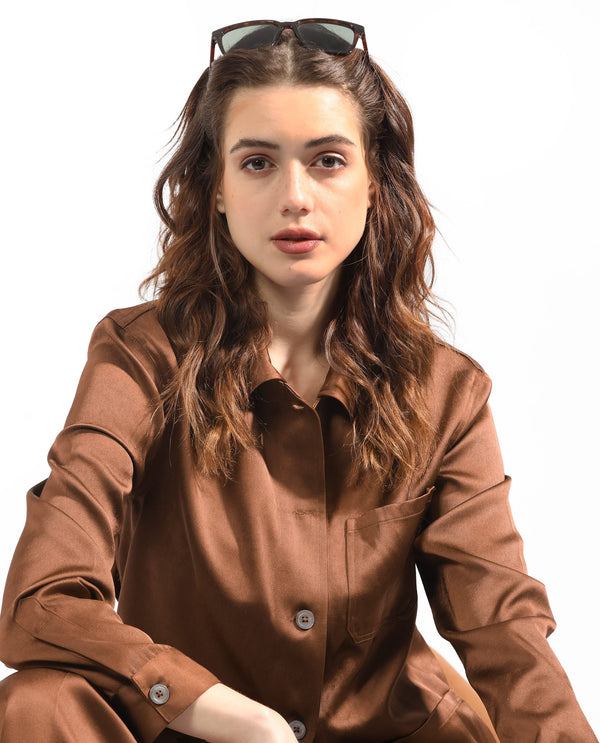 Rareism Women Elika Brown Polyester Fabric Full Sleeves Button Closure Shirt Collar Regular Fit Plain Jacket