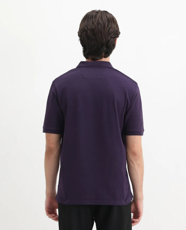 Rare Rabbit Men Elixir Dark Purple Cotton Lycra Fabric Short Sleeve Collared Neck Button Closure Plain Polo