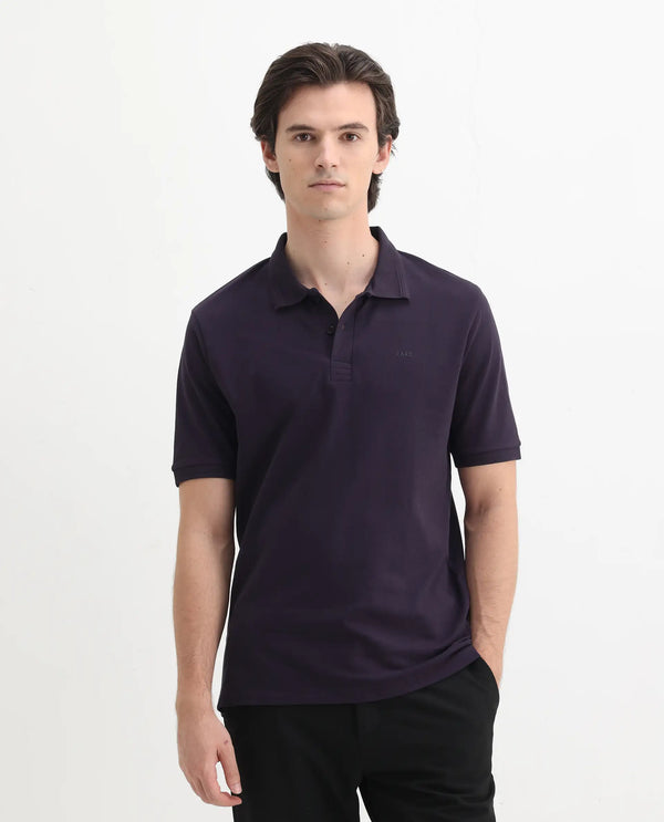 Rare Rabbit Men Elixir Dark Purple Cotton Lycra Fabric Short Sleeve Collared Neck Button Closure Plain Polo