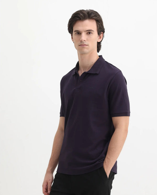 Rare Rabbit Men Elixir Dark Purple Cotton Lycra Fabric Short Sleeve Collared Neck Button Closure Plain Polo
