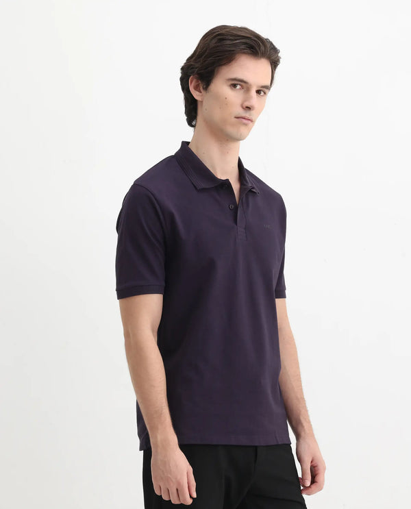 Rare Rabbit Men Elixir Dark Purple Cotton Lycra Fabric Short Sleeve Collared Neck Button Closure Plain Polo