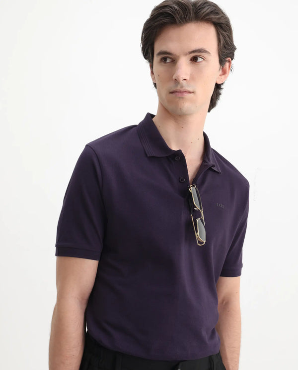 Rare Rabbit Men Elixir Dark Purple Cotton Lycra Fabric Short Sleeve Collared Neck Button Closure Plain Polo