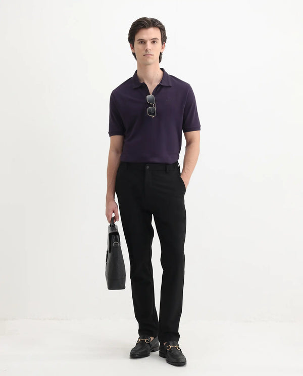 Rare Rabbit Men Elixir Dark Purple Cotton Lycra Fabric Short Sleeve Collared Neck Button Closure Plain Polo