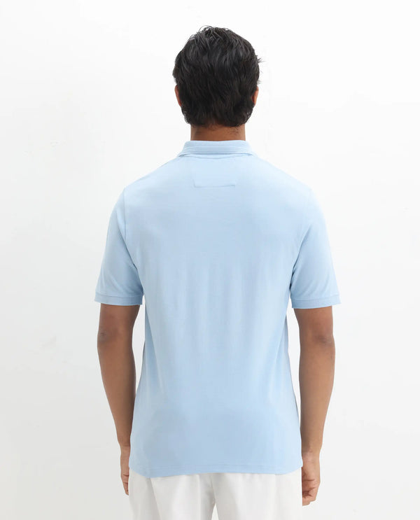 Rare Rabbit Men Elixir Dusky Blue Cotton Lycra Fabric Short Sleeve Collared Neck Button Closure Plain Polo