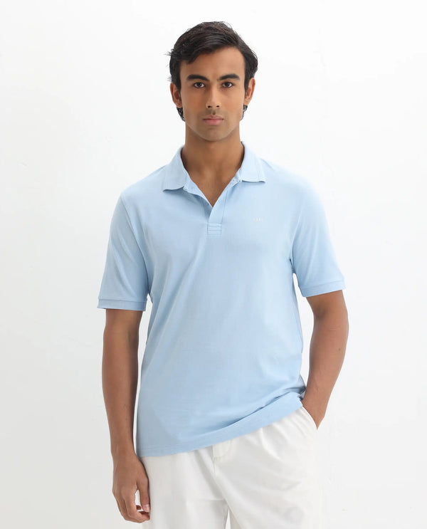 Rare Rabbit Men Elixir Dusky Blue Cotton Lycra Fabric Short Sleeve Collared Neck Button Closure Plain Polo