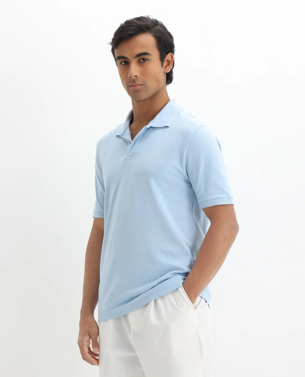 Rare Rabbit Men Elixir Dusky Blue Cotton Lycra Fabric Short Sleeve Collared Neck Button Closure Plain Polo