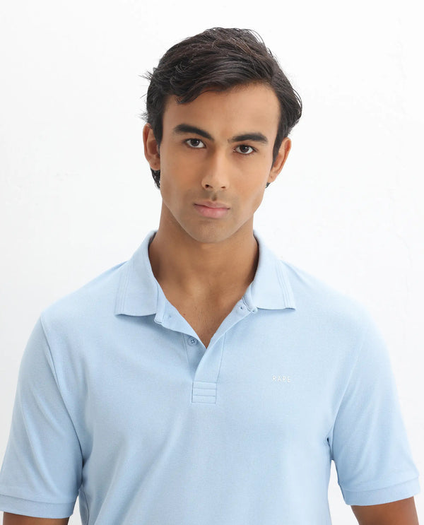 Rare Rabbit Men Elixir Dusky Blue Cotton Lycra Fabric Short Sleeve Collared Neck Button Closure Plain Polo