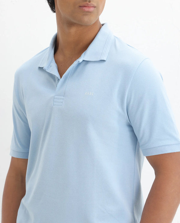 Rare Rabbit Men Elixir Dusky Blue Cotton Lycra Fabric Short Sleeve Collared Neck Button Closure Plain Polo