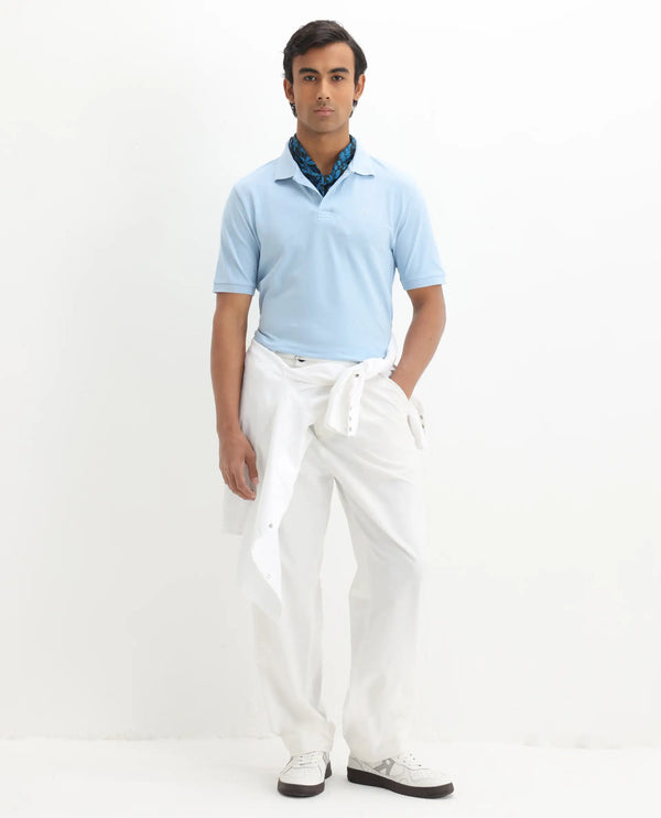 Rare Rabbit Men Elixir Dusky Blue Cotton Lycra Fabric Short Sleeve Collared Neck Button Closure Plain Polo