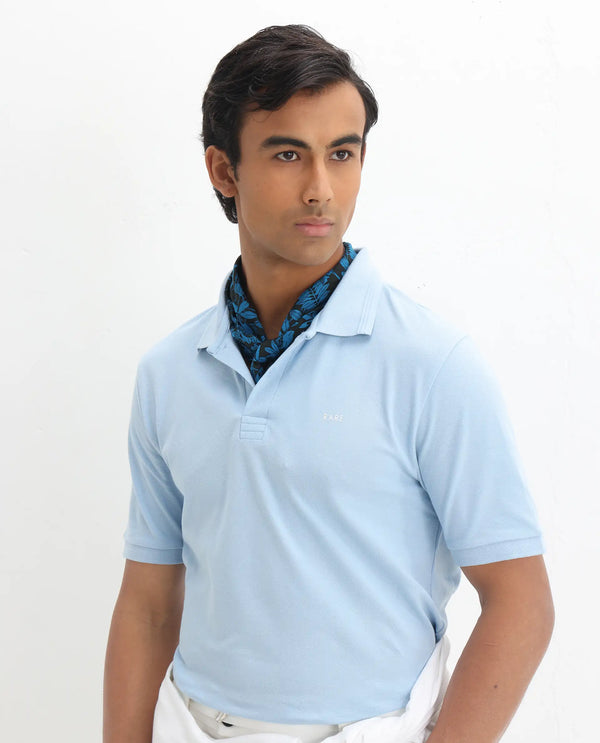 Rare Rabbit Men Elixir Dusky Blue Cotton Lycra Fabric Short Sleeve Collared Neck Button Closure Plain Polo