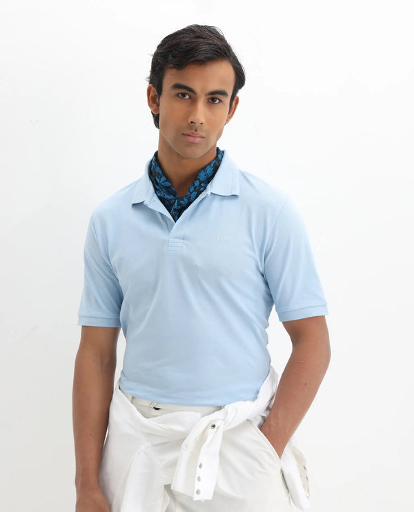 Rare Rabbit Men Elixir Dusky Blue Cotton Lycra Fabric Short Sleeve Collared Neck Button Closure Plain Polo