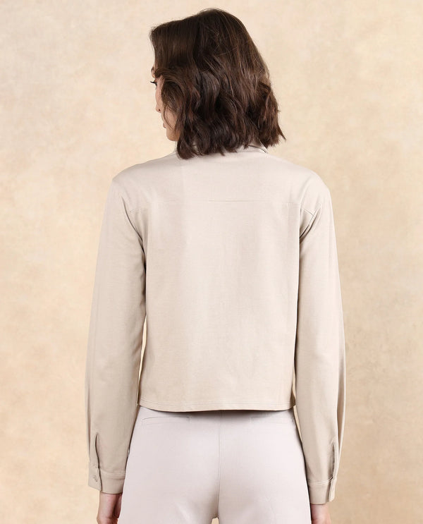 Rareism Women Ellery Beige Cotton Blend Fabric Full Sleeve Collared Neck Button Closure Plain Shirt